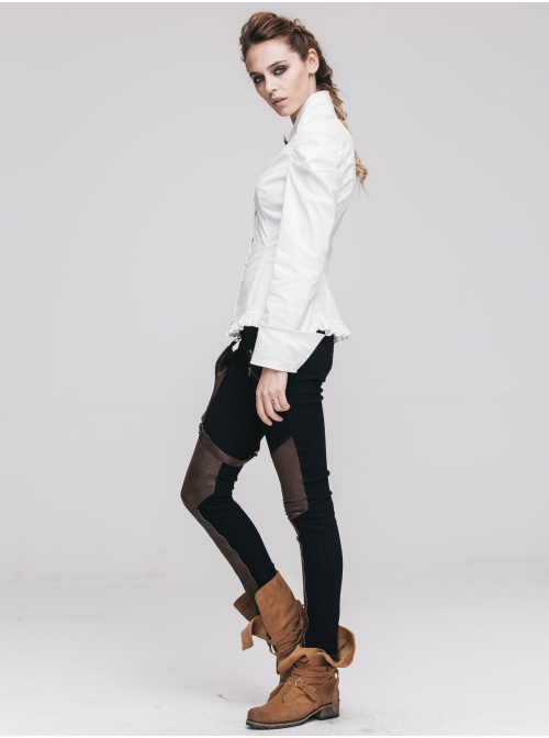 High Collar Chest Hollow Pendant Long Sleeves Button Hem Frilly White Punk Blouse