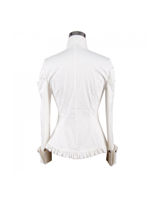 High Collar Chest Hollow Pendant Long Sleeves Button Hem Frilly White Punk Blouse
