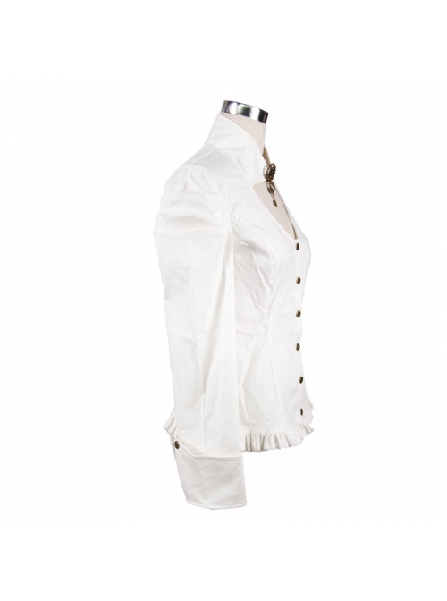 High Collar Chest Hollow Pendant Long Sleeves Button Hem Frilly White Punk Blouse