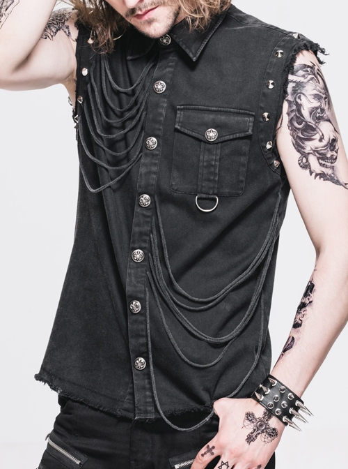 Asymmetric Stitching Knitting Strips Rough Selvedge Rivet Gray Punk Sleeveless Shirts