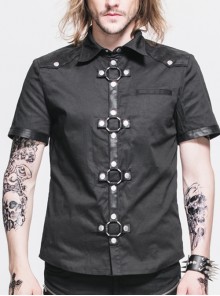 Splice Heat Seal Backing Fabric Snap Button Short Sleeves Black Punk Shirt