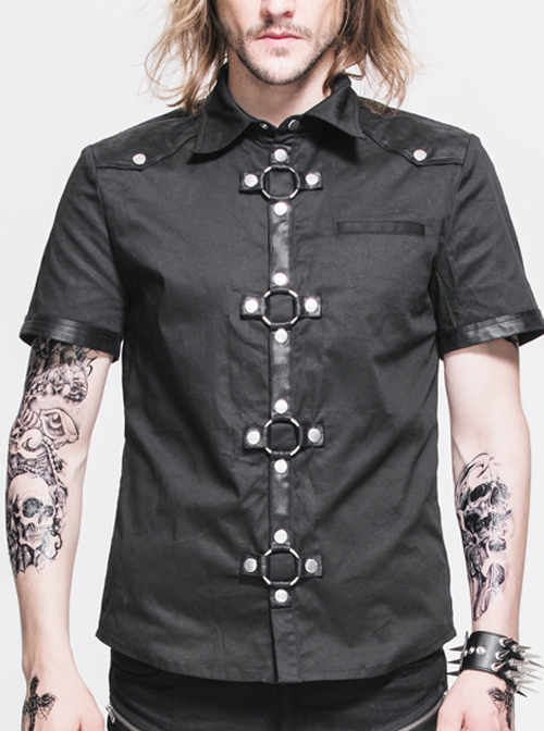 Splice Heat Seal Backing Fabric Snap Button Short Sleeves Black Punk Shirt