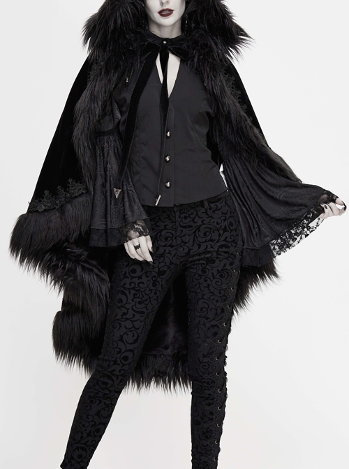 Lace Decorated Gothic Velvet Long Fur Warm Fleece Black Cloak