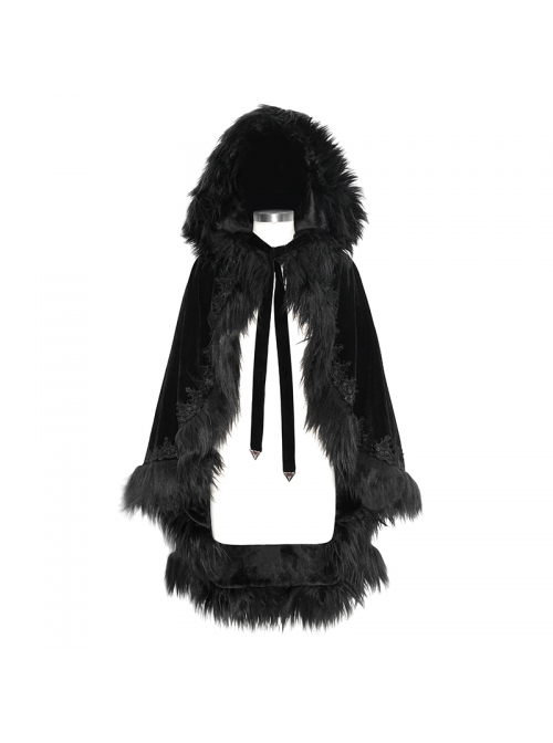 Lace Decorated Gothic Velvet Long Fur Warm Fleece Black Cloak
