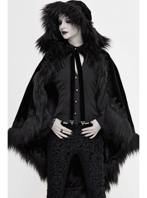 Lace Decorated Gothic Velvet Long Fur Warm Fleece Black Cloak