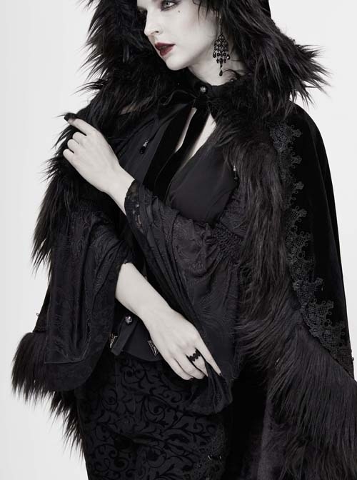 Lace Decorated Gothic Velvet Long Fur Warm Fleece Black Cloak
