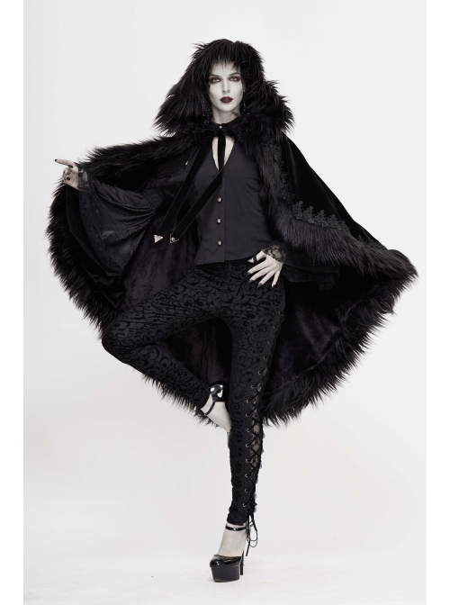 Lace Decorated Gothic Velvet Long Fur Warm Fleece Black Cloak