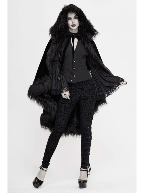 Lace Decorated Gothic Velvet Long Fur Warm Fleece Black Cloak