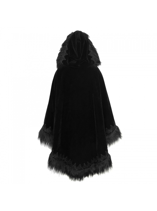 Lace Decorated Gothic Velvet Long Fur Warm Fleece Black Cloak
