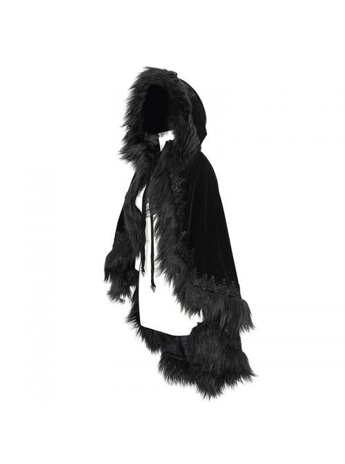 Lace Decorated Gothic Velvet Long Fur Warm Fleece Black Cloak