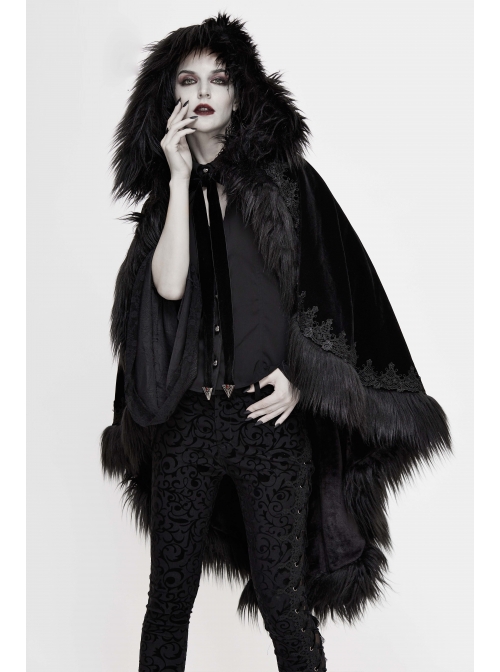 Lace Decorated Gothic Velvet Long Fur Warm Fleece Black Cloak