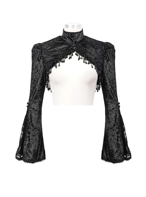 Gothic Bubble Trumpet Sleeve Beaded Tassel Lace Velvet Black Small Shawl