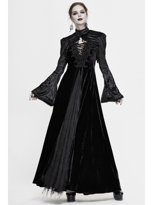 Gothic Bubble Trumpet Sleeve Beaded Tassel Lace Velvet Black Small Shawl