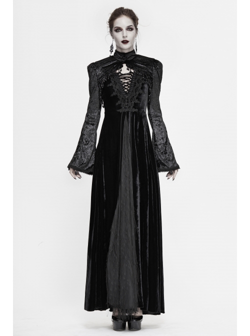 Gothic Bubble Trumpet Sleeve Beaded Tassel Lace Velvet Black Small Shawl