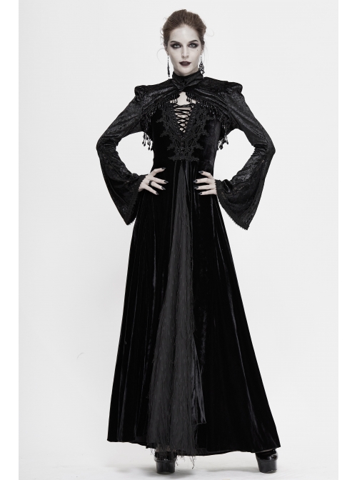 Gothic Bubble Trumpet Sleeve Beaded Tassel Lace Velvet Black Small Shawl