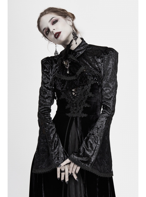 Gothic Bubble Trumpet Sleeve Beaded Tassel Lace Velvet Black Small Shawl