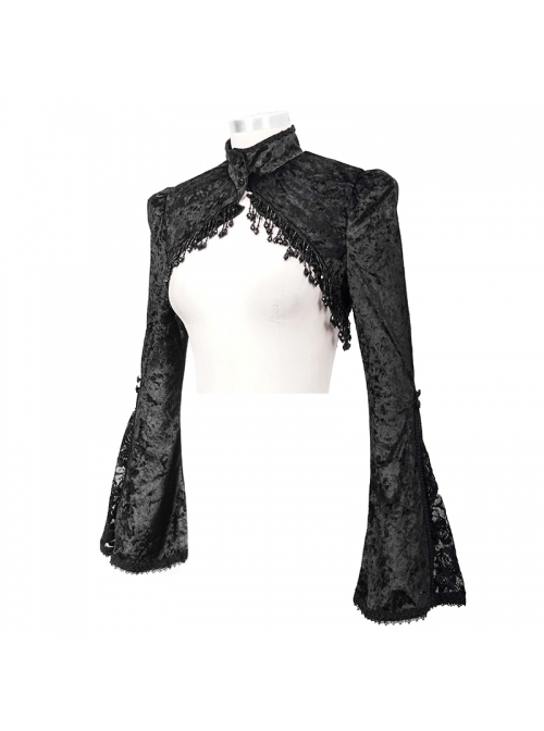Gothic Bubble Trumpet Sleeve Beaded Tassel Lace Velvet Black Small Shawl