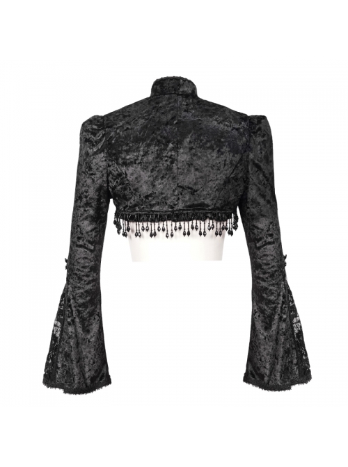 Gothic Bubble Trumpet Sleeve Beaded Tassel Lace Velvet Black Small Shawl