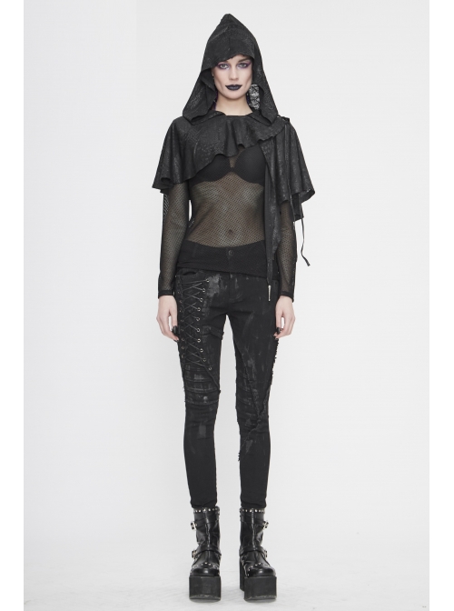 Black Gothic Retro Metal  Pendant Thin Knitted Hooded Small Shawl