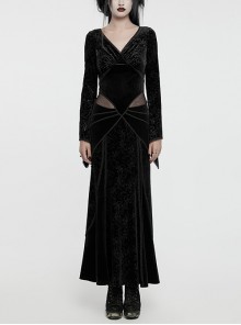 Black Velvet Elastic Embossed Front Sexy V Neck See Through Mesh With Lace Trim Gothic Style Long Sleeve Dress