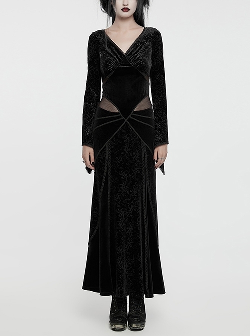 Black Velvet Elastic Embossed Front Sexy V Neck See Through Mesh With Lace Trim Gothic Style Long Sleeve Dress