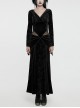 Black Velvet Elastic Embossed Front Sexy V Neck See Through Mesh With Lace Trim Gothic Style Long Sleeve Dress