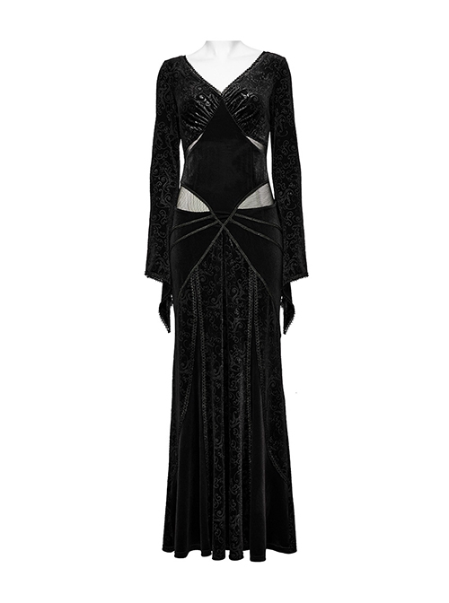 Black Velvet Elastic Embossed Front Sexy V Neck See Through Mesh With Lace Trim Gothic Style Long Sleeve Dress