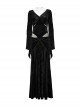 Black Velvet Elastic Embossed Front Sexy V Neck See Through Mesh With Lace Trim Gothic Style Long Sleeve Dress