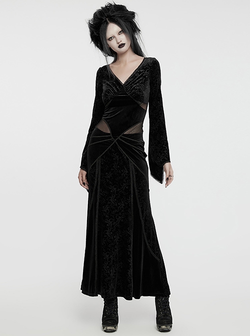 Black Velvet Elastic Embossed Front Sexy V Neck See Through Mesh With Lace Trim Gothic Style Long Sleeve Dress