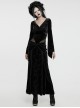 Black Velvet Elastic Embossed Front Sexy V Neck See Through Mesh With Lace Trim Gothic Style Long Sleeve Dress