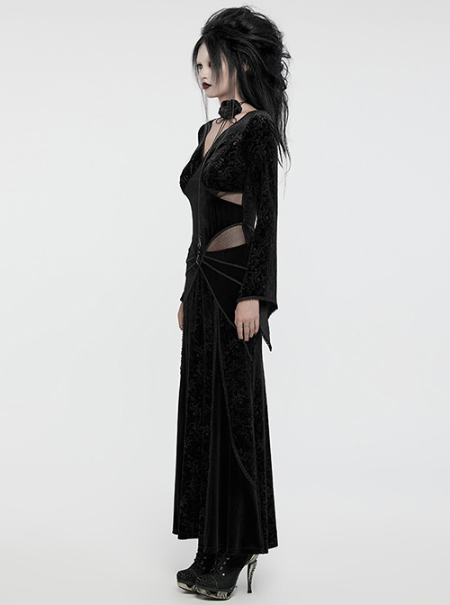 Black Velvet Elastic Embossed Front Sexy V Neck See Through Mesh With Lace Trim Gothic Style Long Sleeve Dress