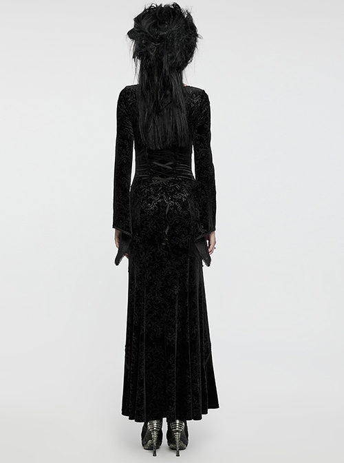 Black Velvet Elastic Embossed Front Sexy V Neck See Through Mesh With Lace Trim Gothic Style Long Sleeve Dress
