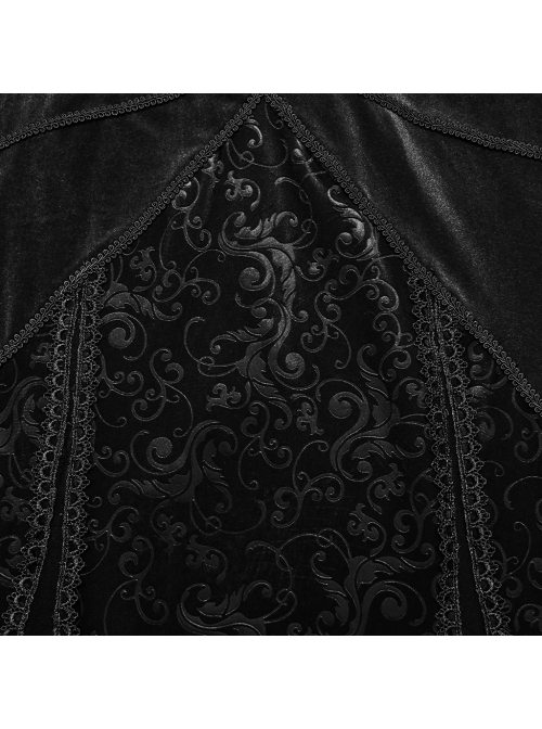 Black Velvet Elastic Embossed Front Sexy V Neck See Through Mesh With Lace Trim Gothic Style Long Sleeve Dress