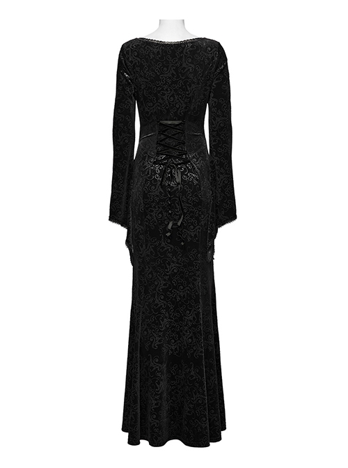 Black Velvet Elastic Embossed Front Sexy V Neck See Through Mesh With Lace Trim Gothic Style Long Sleeve Dress