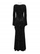 Black Velvet Elastic Embossed Front Sexy V Neck See Through Mesh With Lace Trim Gothic Style Long Sleeve Dress