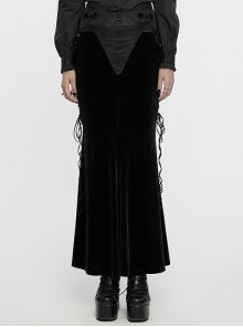 Cool Elastic Soft Black Velvet Front Center Three Dimensional Trim Rose Button With Side Rope Embellishment Gothic Fishtail Skirt