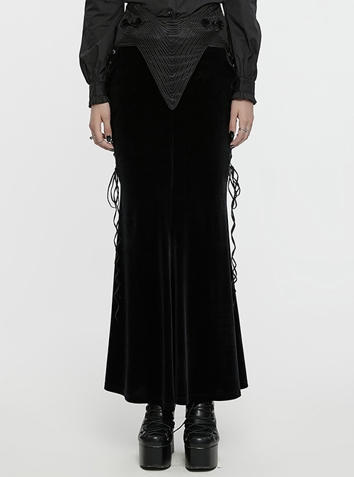 Cool Elastic Soft Black Velvet Front Center Three Dimensional Trim Rose Button With Side Rope Embellishment Gothic Fishtail Skirt