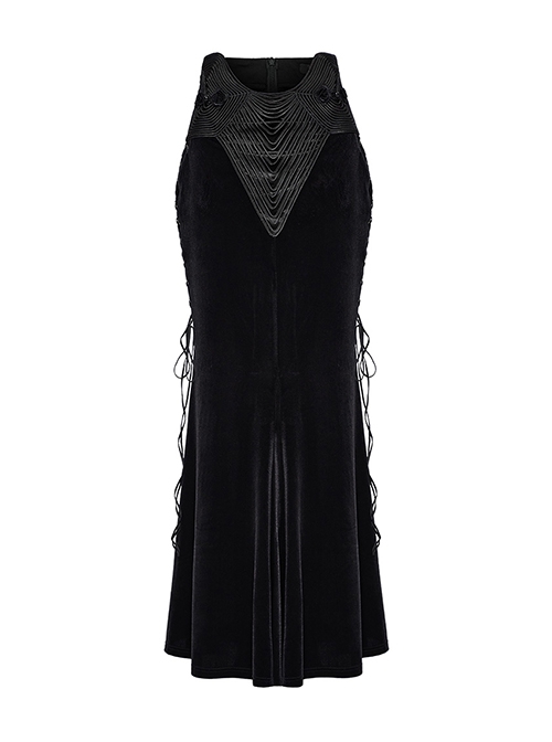 Cool Elastic Soft Black Velvet Front Center Three Dimensional Trim Rose Button With Side Rope Embellishment Gothic Fishtail Skirt