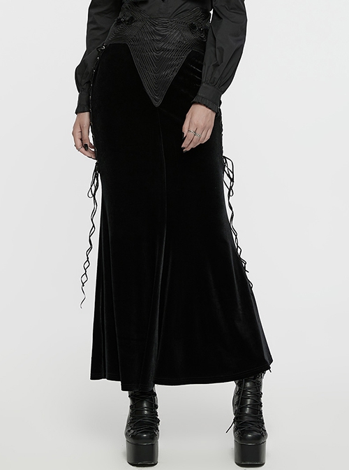 Cool Elastic Soft Black Velvet Front Center Three Dimensional Trim Rose Button With Side Rope Embellishment Gothic Fishtail Skirt