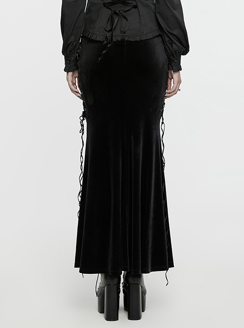 Cool Elastic Soft Black Velvet Front Center Three Dimensional Trim Rose Button With Side Rope Embellishment Gothic Fishtail Skirt
