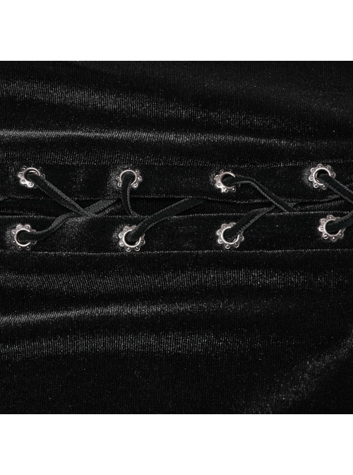 Cool Elastic Soft Black Velvet Front Center Three Dimensional Trim Rose Button With Side Rope Embellishment Gothic Fishtail Skirt