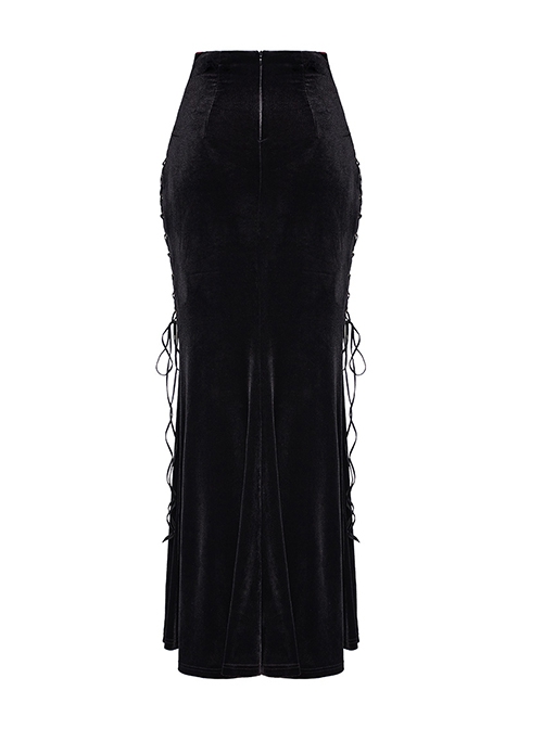 Cool Elastic Soft Black Velvet Front Center Three Dimensional Trim Rose Button With Side Rope Embellishment Gothic Fishtail Skirt