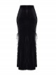 Cool Elastic Soft Black Velvet Front Center Three Dimensional Trim Rose Button With Side Rope Embellishment Gothic Fishtail Skirt