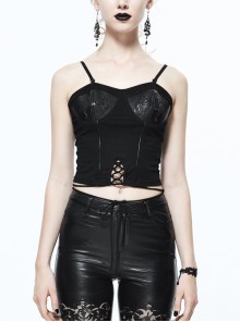 Gothic Burnt-Out Pattern Adjustable  Shoulder Strap Elastic Leather Halter Black Knit Vest