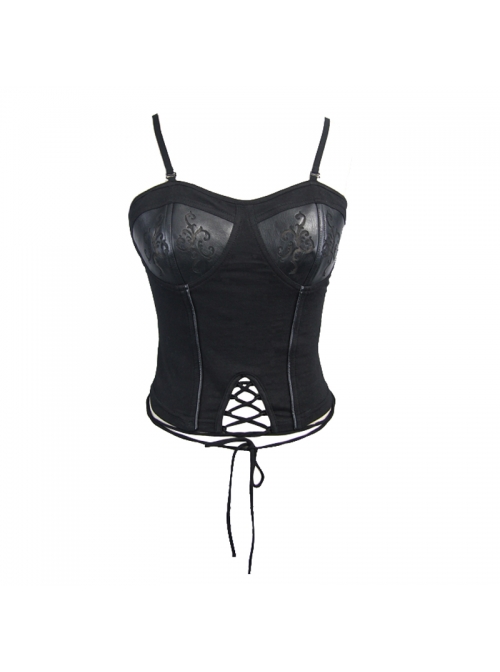 Gothic Burnt-Out Pattern Adjustable  Shoulder Strap Elastic Leather Halter Black Knit Vest