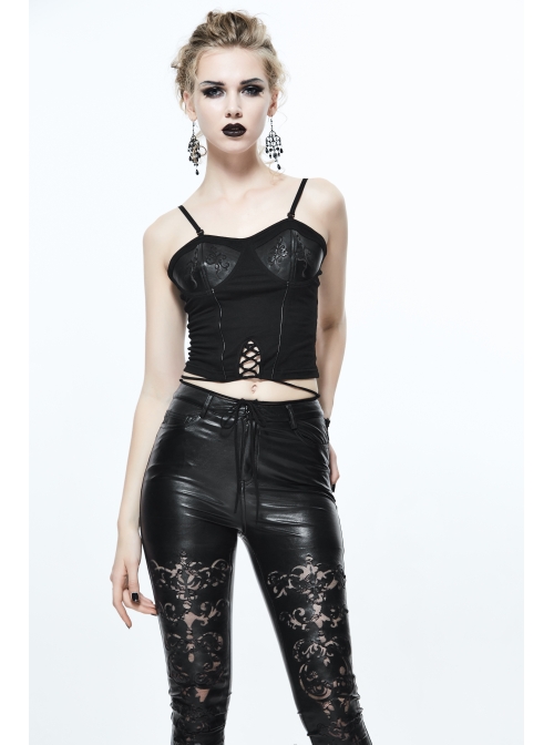Gothic Burnt-Out Pattern Adjustable  Shoulder Strap Elastic Leather Halter Black Knit Vest