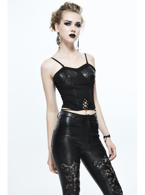 Gothic Burnt-Out Pattern Adjustable  Shoulder Strap Elastic Leather Halter Black Knit Vest