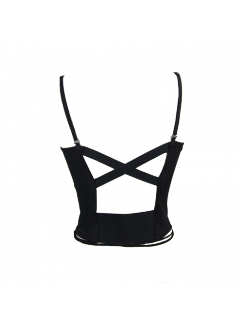 Gothic Burnt-Out Pattern Adjustable  Shoulder Strap Elastic Leather Halter Black Knit Vest
