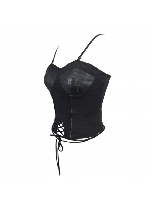 Gothic Burnt-Out Pattern Adjustable  Shoulder Strap Elastic Leather Halter Black Knit Vest