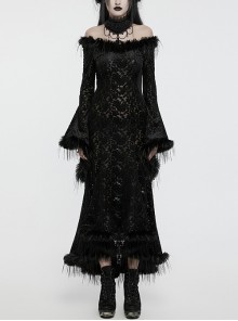 Black Slim Fit Elastic Pattern Flocked Mesh With Flowing Lace Raw Edge V Neck Gothic Style Adjustable Long Sleeve Dress